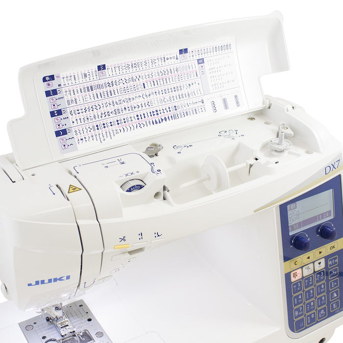 HZL-DX7 - V287 stitches, 4 fonts for letters, box-feed feeding, automatic thread cutting, float function. A studio machine with industrial functions.